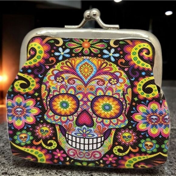 Small Sugar Skull Coin Pouch Mini Change Purse Day of the Dead Gothic Grunge - Picture 5 of 5